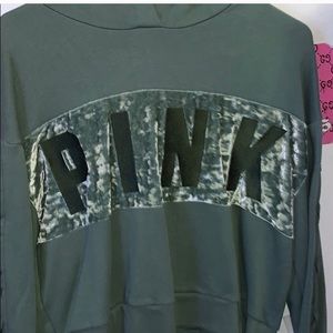 Green Velour Semi Cropped Pink Hoodie